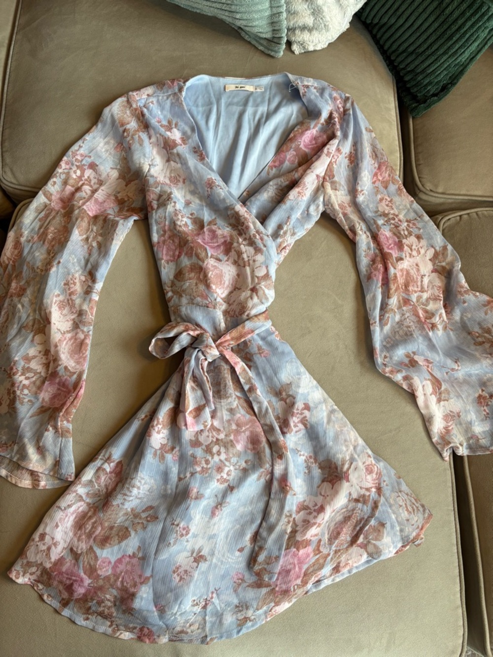 Francesca's Collections Light Blue Floral Wrap Mini Dress with Pink Accents
